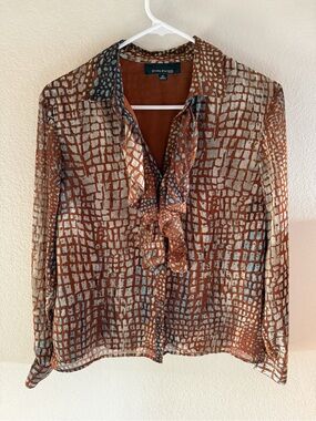 Evan-Picone crocodile petite brown & turquoise long sleeve button blouse sz 10 P